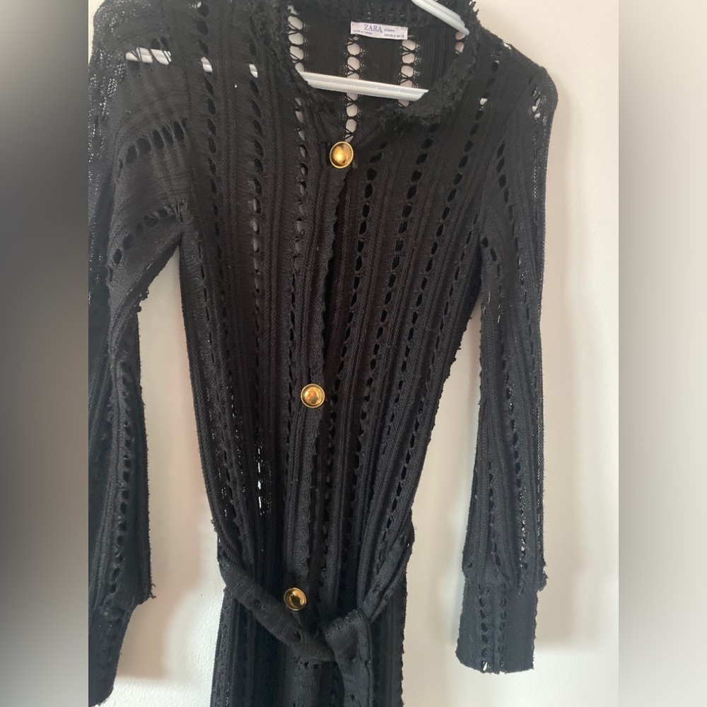 Zara Black long belted novelty stitch cardigan sweater Small - Picture 2 of 4